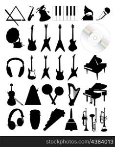 Musical instruments. Collection of silhouettes of musical instruments. A vector illustration