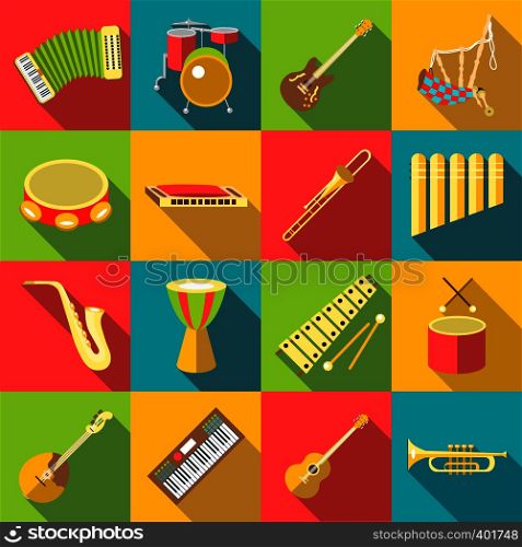 Musical instruments color icons set. Flat illustration of 16 musical instruments color vector icons for web. Musical instruments color icons set, flat style
