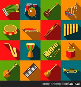 Musical instruments color icons set. Flat illustration of 16 musical instruments color vector icons for web. Musical instruments color icons set, flat style