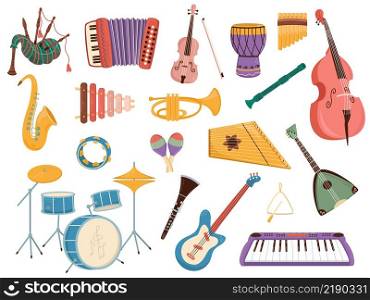 Musical instruments. Electronic and traditional instruments, cartoon style isolated orchestral tools. Brass, strings and percussion. Modern and ethnic music, bright colored collection, vector set. Musical instruments. Electronic and traditional instruments, cartoon style isolated orchestral tools. Brass, strings and percussion. Modern and ethnic music, bright colored vector set