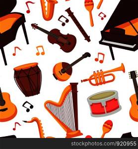 Musical instruments flat icons seamless pattern. Vector isolated set of orchestra harp and rock or banjo guitar, piano music notes and drums or percussion, maracas and flute with saxophone or trumpet bass. Musical instruments flat icons seamless pattern. Vector isolated
