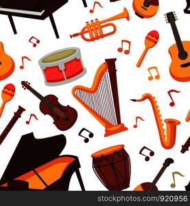 Musical instruments flat icons seamless pattern. Vector isolated set of orchestra harp and rock or banjo guitar, piano music notes and drums or percussion, maracas and flute with saxophone or trumpet bass. Musical instruments flat icons seamless pattern. Vector isolated