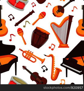 Musical instruments flat icons seamless pattern. Vector isolated set of orchestra harp and rock or banjo guitar, piano music notes and drums or percussion, maracas and flute with saxophone or trumpet bass. Musical instruments flat icons seamless pattern. Vector isolated