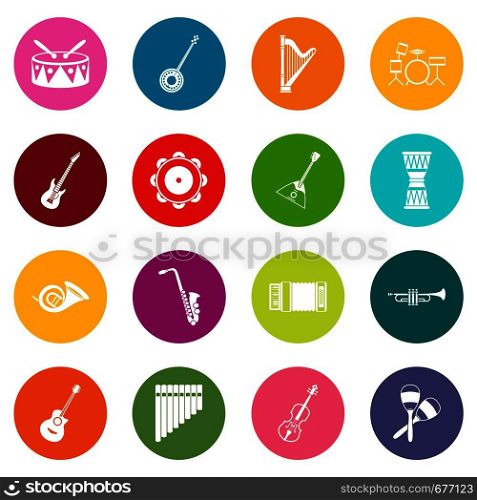 Musical instruments icons many colors set isolated on white for digital marketing. Musical instruments icons many colors set