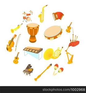 Musical instruments icons set. Cartoon illustration of 16 musical instruments vector icons for web. Musical instruments icons set, cartoon style