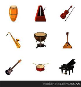 Musical instruments icons set. Cartoon illustration of 9 musical instruments vector icons for web. Musical instruments icons set, cartoon style