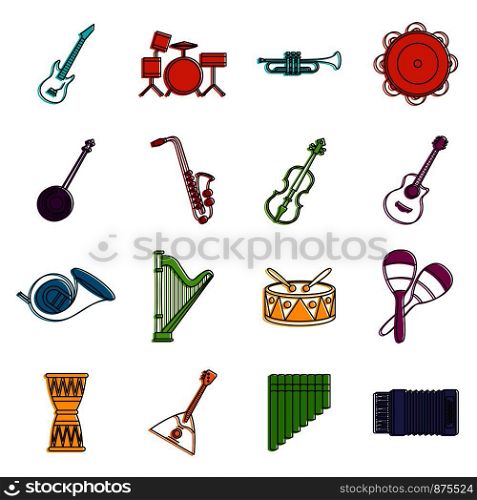 Musical instruments icons set. Doodle illustration of vector icons isolated on white background for any web design. Musical instruments icons doodle set