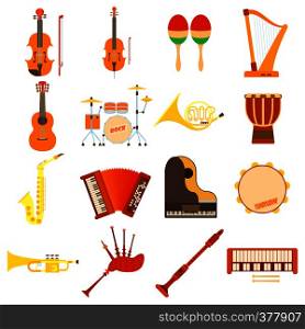 Musical instruments icons set. Flat illustration of 16 musical instruments vector icons for web. Musical instruments icons set, flat style