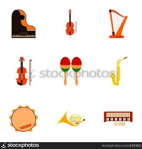 Musical instruments icons set. Flat illustration of 9 musical instruments vector icons for web. Musical instruments icons set, flat style