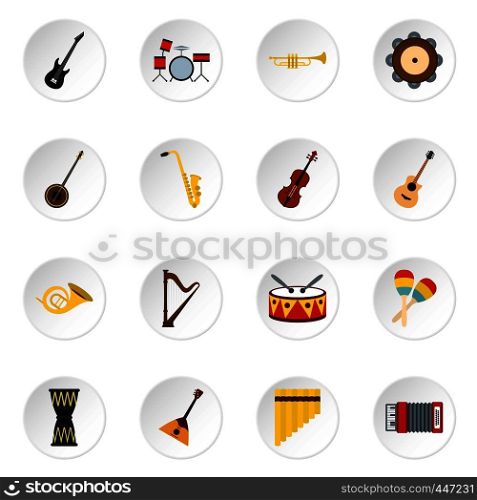 Musical instruments icons set in flat style. Orchestra instruments set collection vector icons set illustration. Musical instruments icons set, flat style