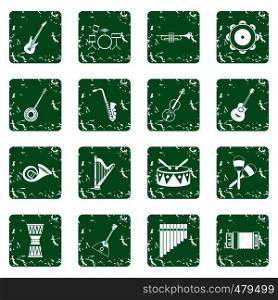 Musical instruments icons set in grunge style green isolated vector illustration. Musical instruments icons set grunge