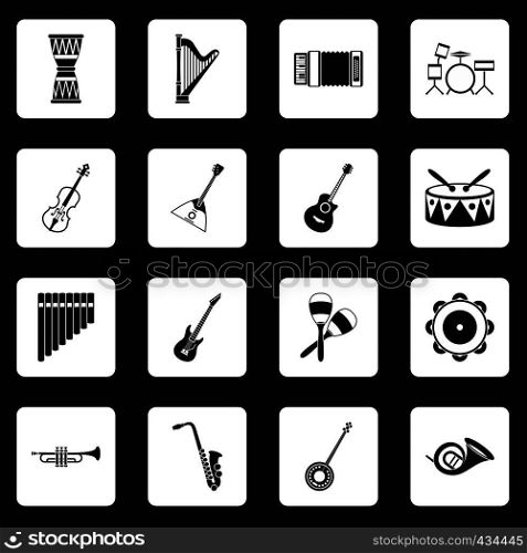 Musical instruments icons set in white squares on black background simple style vector illustration. Musical instruments icons set squares vector