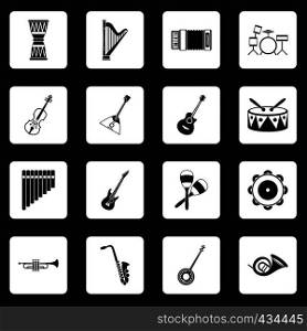Musical instruments icons set in white squares on black background simple style vector illustration. Musical instruments icons set squares vector
