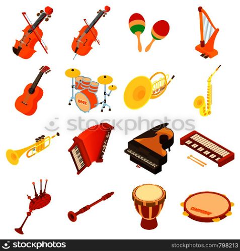Musical instruments icons set. Isometric illustration of 16 musical instruments vector icons for web. Musical instruments icons set, isometric style