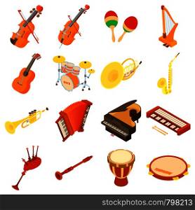 Musical instruments icons set. Isometric illustration of 16 musical instruments vector icons for web. Musical instruments icons set, isometric style