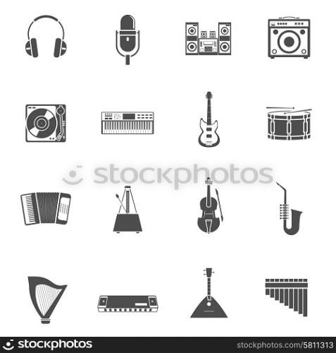 Musical Instruments Icons Set . Musical Instruments and tunes black white icons set with violin guitar and stereo system flat isolated vector illustration