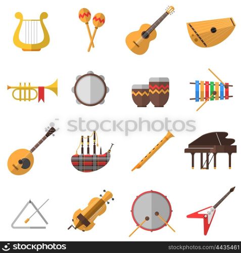 Musical Instruments Icons Set. Musical instruments icons set with piano guitar and drums flat isolated vector illustration