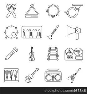 Musical instruments icons set. Outline illustration of 16 musical instruments vector icons for web. Musical instruments icons set, outline style