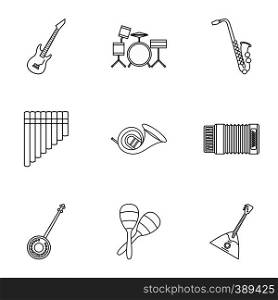 Musical instruments icons set. Outline illustration of 9 musical instruments vector icons for web. Musical instruments icons set, outline style