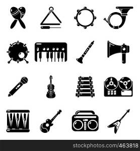 Musical instruments icons set. Simple illustration of 16 musical instruments vector icons for web. Musical instruments icons set, simple style