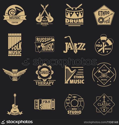 Musical instruments logo icons set. Simple illustration of 16 credit logo vector icons for web. Musical instruments logo icons set, simple style