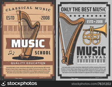 Musical instruments, music festival concert, vector retro posters. Classical music orchestra instruments piano, harp and French horn trumpet, symphonic band live concert, music school education. Musical instruments, music festival concert