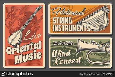 Musical instruments of classic, ethnic and oriental music retro design. Vector tube, saz, tanbur and tar, harp and cimbalom, string and wind musical instrument invitation banners of music concert. Musical instruments of classic and oriental music