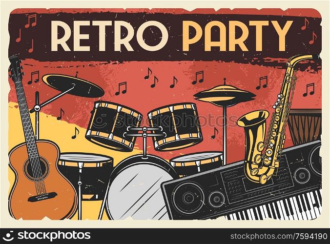 Musical instruments, retro music party vector design. Guitar, drum and saxophone, synthesizer, african djembe and musical notes vintage poster of jazz festival or entertainment themes. Guitar, saxophone, drum. Music instruments, notes