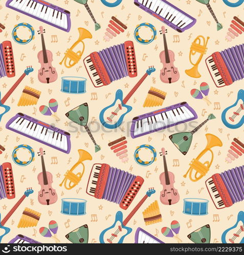 Musical instruments seamless pattern. Cartoon orchestra accessories, funny accordion, guitar, electro piano and maracas on beige background. Decor textile, wrapping paper, wallpaper, vector print. Musical instruments seamless pattern. Cartoon orchestra accessories, funny accordion, guitar, electro piano and maracas on beige background. Decor textile, wrapping paper, vector print