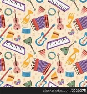 Musical instruments seamless pattern. Cartoon orchestra accessories, funny accordion, guitar, electro piano and maracas on beige background. Decor textile, wrapping paper, wallpaper, vector print. Musical instruments seamless pattern. Cartoon orchestra accessories, funny accordion, guitar, electro piano and maracas on beige background. Decor textile, wrapping paper, vector print
