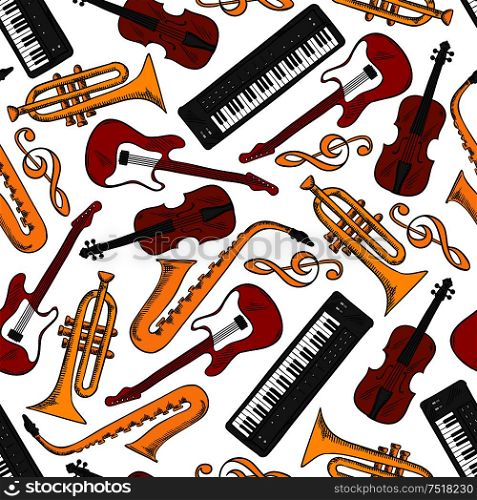 Musical instruments seamless pattern with acoustic and electric guitar, saxophone, synthesizer, violin and trumpet over white background with golden treble clef. Musical instruments, treble clefs seamless pattern