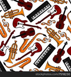 Musical instruments seamless pattern with acoustic and electric guitar, saxophone, synthesizer, violin and trumpet over white background with golden treble clef. Musical instruments, treble clefs seamless pattern