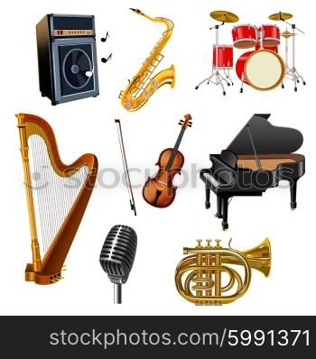 Musical Instruments Set. Musical instruments decorative icons set with guitar drum harp piano violin isolated vector illustration