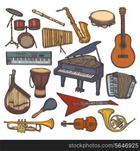 Musical instruments sketch colored icon set with flute trumpet xylophone isolated vector illustration