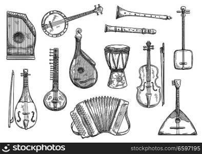 Musical instruments sketches set. Vector button accordion, reed pipe or folk bandura and African jembe drum, Japanese shamisen and banjo guitar or zither for live music or concert performance. Vector musical instruments sketch design