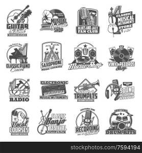 Musical instruments, sound equipment and vinyl music vector icons. Piano, drum, guitar and saxophone, violin, trumpet and banjo, headphones, record player, synthesizer and loudspeaker symbols. Musical instruments and equipment icons