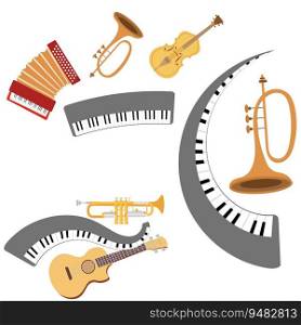 Musical instruments. Trumpet, violin, accordion, guitar, piano. Can be used for t-shirt, emblem,  concert, music, school concept. Vector illustration . Musical instruments. Trumpet, violin, accordion, guitar, piano. Can be used for t-shirt, emblem,  concert, music, school
