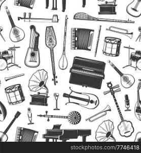 Musical instruments vector seamless pattern. Grand piano, Englich guitar or citra, kamancheh, tanbur and horn, gramophone, microphone and drums kit, flute, shamisen and harp guitar, lyre. Classic musical instruments seamless pattern