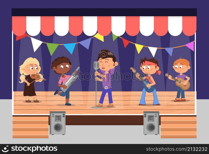 Musical kids on stage. Child perform music, children school theater. Rock musicians concert, cute teens play instruments and singing vector scene. Illustration of stage performance, kids entertainment. Musical kids on stage. Child perform music, children school theater. Rock musicians concert, cute teens play instruments and singing decent vector scene