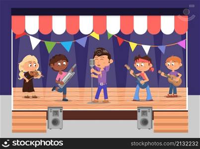 Musical kids on stage. Child perform music, children school theater. Rock musicians concert, cute teens play instruments and singing vector scene. Illustration of stage performance, kids entertainment. Musical kids on stage. Child perform music, children school theater. Rock musicians concert, cute teens play instruments and singing decent vector scene