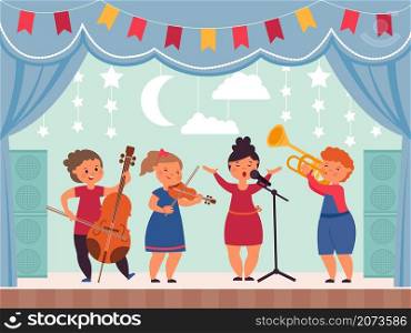 Musical kids on stage. School theater, girl singing or drama concert. Children music festival or show, modern young band decent vector illustration. Cartoon children musician on stage. Musical kids on stage. School theater, girl singing or drama concert. Children music festival or show, modern young band decent vector illustration