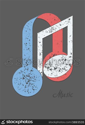 Musical note and headphones metaphorical composition with sample text. Grunge texture flat colors