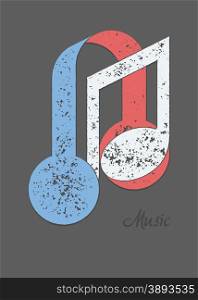 Musical note and headphones metaphorical composition with sample text. Grunge texture flat colors