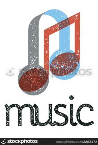 Musical note and headphones metaphorical composition with sample text. Grunge texture transparent overlay colors