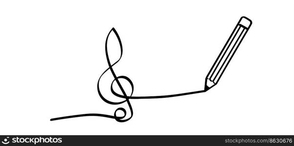 Musical note line patern and pencil. Flat vector notes wave sign. Staff silhouette. School concert party. Music key. For musical instrument gitar, piano, keyboard or synthesizer