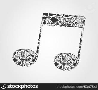 Musical note3. The musical note made of musical instruments. A vector illustration