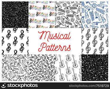Musical notes and instruments pattern backgrounds. Seamless wallpapers with vector doodle sketch music icons of treble clef, stave, piano, saxophone, harp, drums, maracas, guitar, violin, trumpet, guitar, harmonic accordion. Musical notes and instruments pattern backgrounds