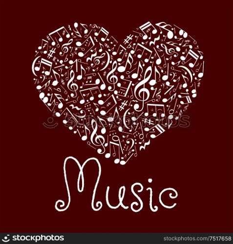 Musical notes and various marks arranged into bright red loving heart icon for I love music or valentine card concept design with white silhouettes of notes, treble and bass clefs, rests and key signatures. Loving musical heart symbol made up of notes