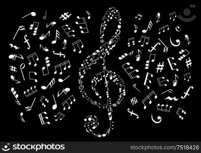 Musical notes black and white background with silhouette of treble clef made up of symbols and marks of musical notation with notes, chords, bass and treble clefs, rests, key signatures, coda and dynamics signs on both sides. Black and white treble clef with musical notes
