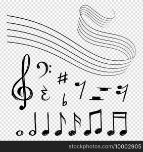 Musical notes. Black music lines, melody elements and staves. Shape artistic clef and abstract sound vector symbols isolated on transparent background. Musical note, key half monochrome illustration. Musical notes. Black music lines, melody elements and staves. Shape artistic clef and abstract sound vector symbols isolated on transparent background